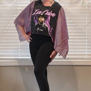 Graphic Draped Sleeve Crop Sweater - Purple/Black